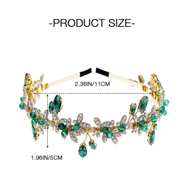 Green Rhinestone Headband Gold Wedding Hair Accessory for Women